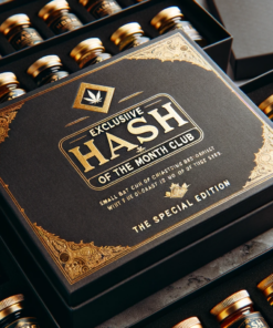 dall·e 2023 10 31 10.45.52 photo of an elegant black box labeled exclusive hash of the month club surrounded by gold accents. inside theres a collection of small batch hash