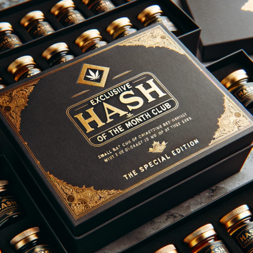 dall·e 2023 10 31 10.45.52 photo of an elegant black box labeled exclusive hash of the month club surrounded by gold accents. inside theres a collection of small batch hash