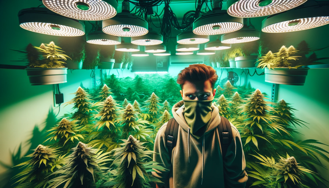 DALL·E 2024 01 22 14.14.41 A blog header image showcasing an indoor cannabis grow operation. The scene includes a grower wearing a mask to cover his face emphasizing a sense of